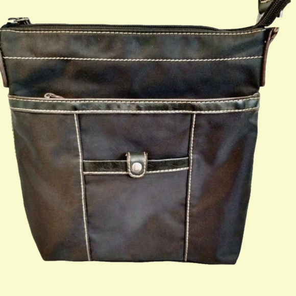NINE West Cross Body or Shoulder Bag Black Nylon w/Animal Print interior/POCKETS - Picture 1 of 10